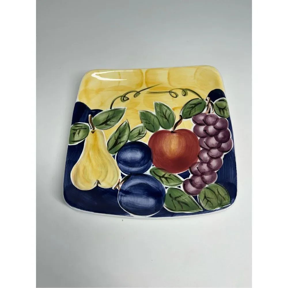 Di Frutto Hand Painted Platter 11" Square Fruit Apple Grapes Pear